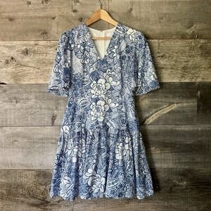 Pearl Lela Rose Floral Flutter Sleeve Dress 6 Blue V-Neck Ruffle Feminine Preppy